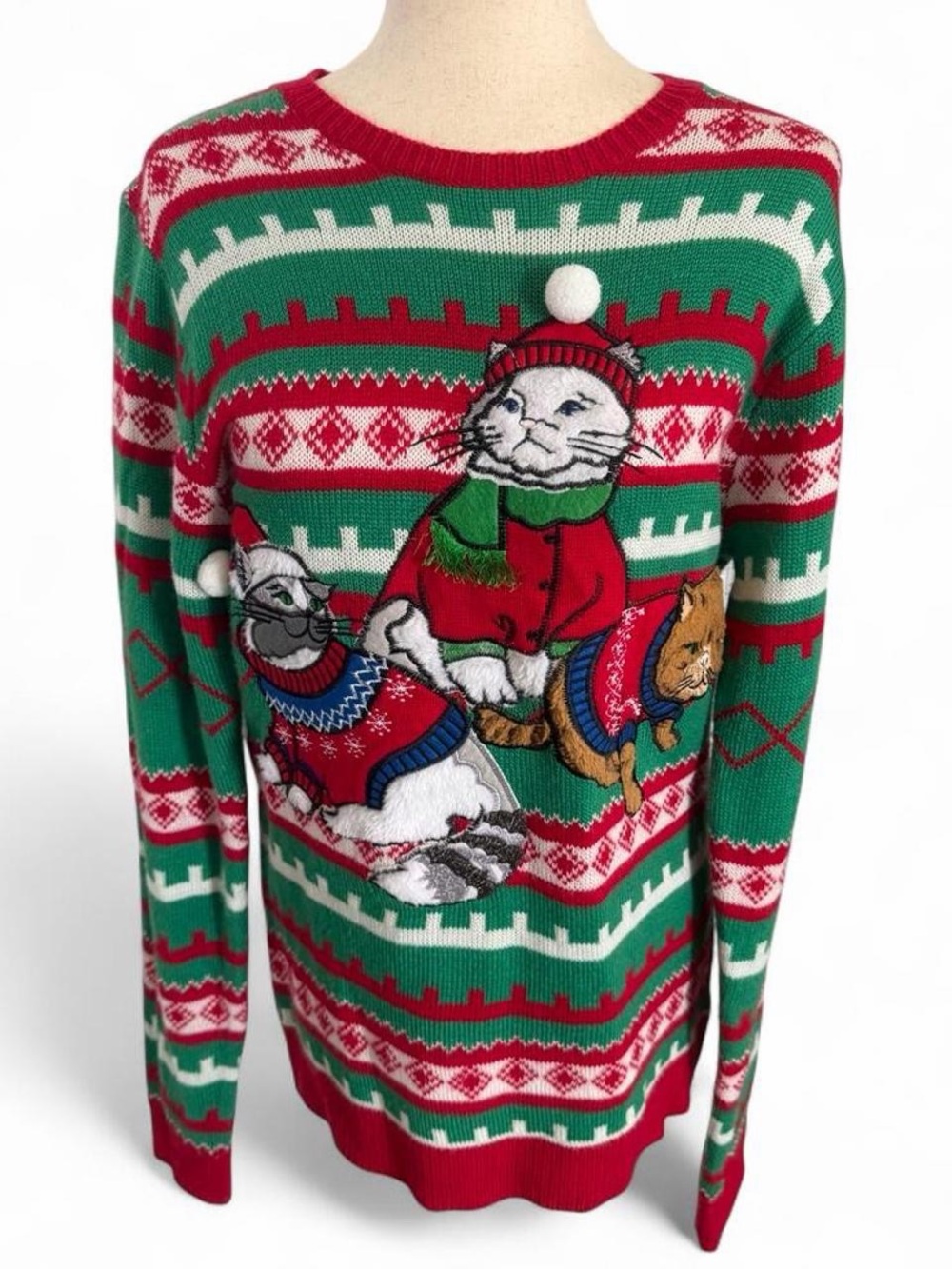 Ugly Christmas Cat Sweater Fair Isle Holiday Novelty Crewneck Medium Grannycore